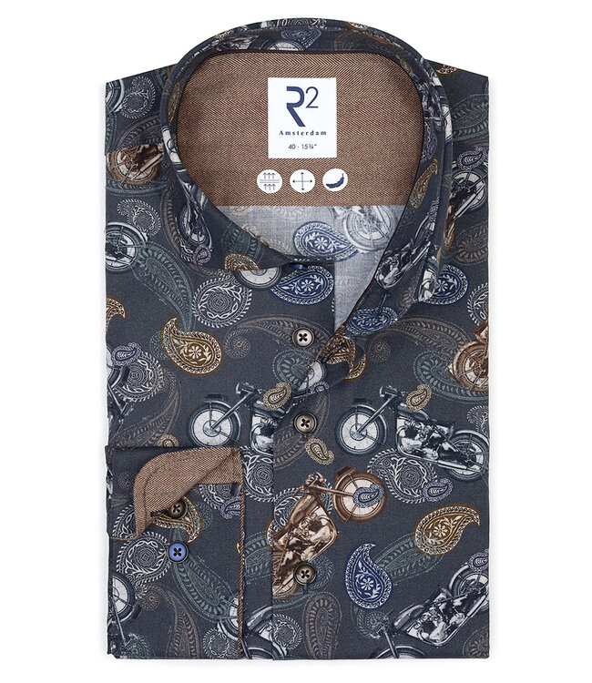 123.WSP.021/010 overhemd donkerblauw bruin paisley en motoren print