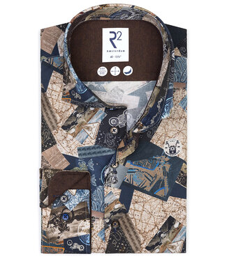 overhemd donkerblauw landkaarten en motoren print