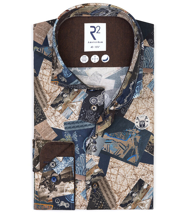 123.WSP.020/073 overhemd donkerblauw landkaarten en motoren print