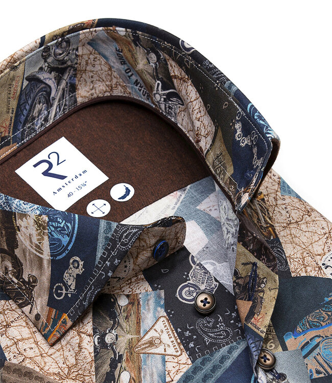 123.WSP.020/073 overhemd donkerblauw landkaarten en motoren print