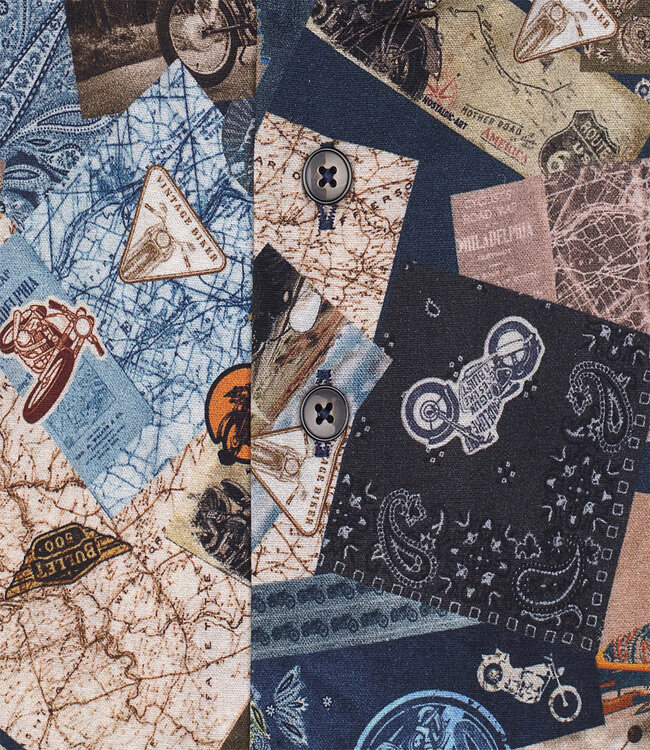 123.WSP.020/073 overhemd donkerblauw landkaarten en motoren print