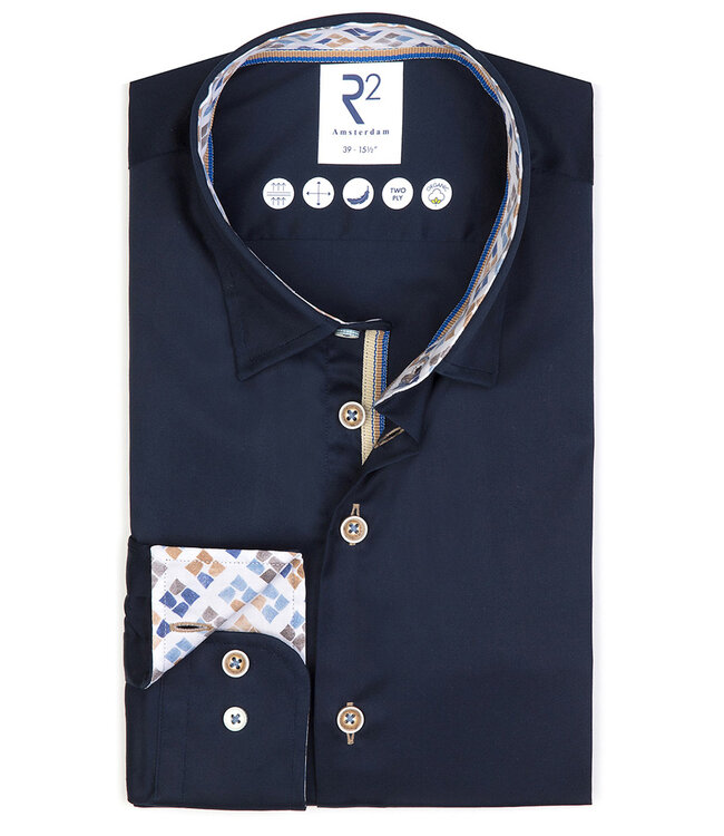 R2 Amsterdam 120.WSP.XLS.020 heren overhemd donkerblauw 1knoops wide spread mouwlengte 7