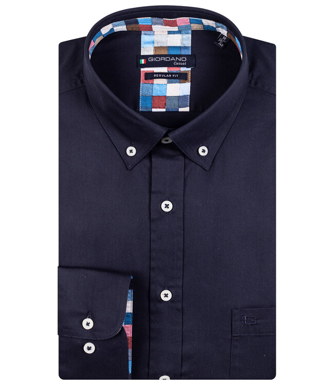 327004-60 heren overhemd donkerblauw 1 knoops button down met borstzak