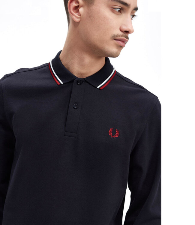 Fred Perry M3636 T55 Twin Tipped polo lange mouw donkerblauw met bordeaux rood logo
