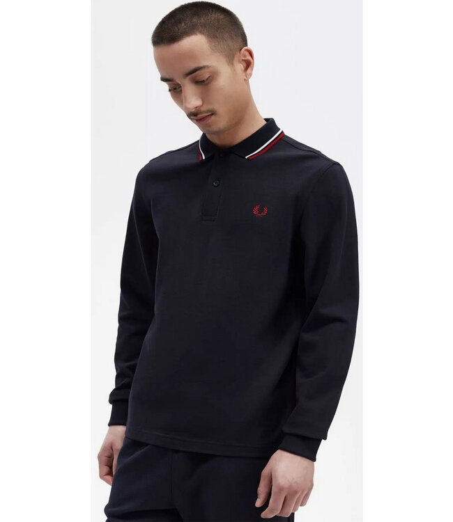 Fred Perry M3636 T55 Twin Tipped polo lange mouw donkerblauw met bordeaux rood logo