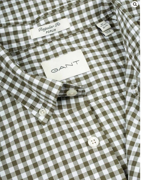 Gant 3062000 301 heren overhemd olijfgroen groen wit ruitje lange mouw regular fit