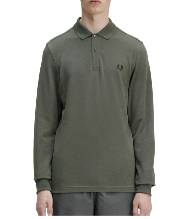 Fred Perry M6006 kleur 638 PLAIN polo lange mouw olijfgroen met olijfgroen logo