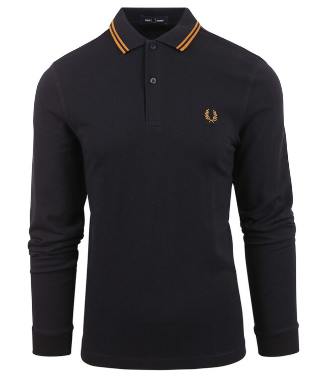 Fred Perry M3636 R63 Twin Tipped polo lange mouw donkerblauw met camel bruin logo