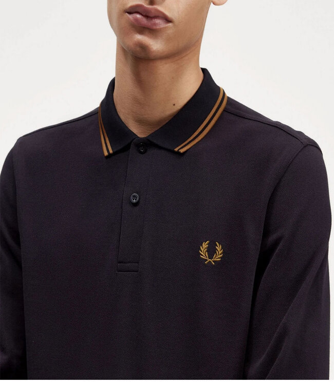 Fred Perry M3636 R63 Twin Tipped polo lange mouw donkerblauw met camel bruin logo