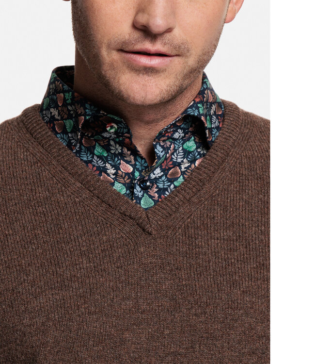 320011-880 bruin v-hals heren trui 100 procent Scottish Lamswol