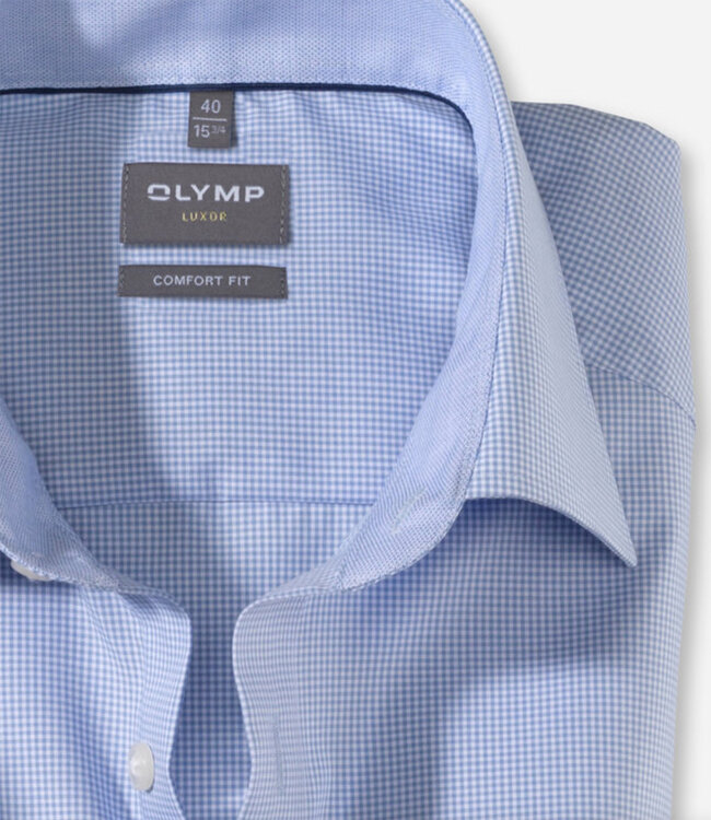 Olymp 3190 12 11 heren overhemd korte mouw lichtblauw-wit ruitje strijkvrij Comfort Fit