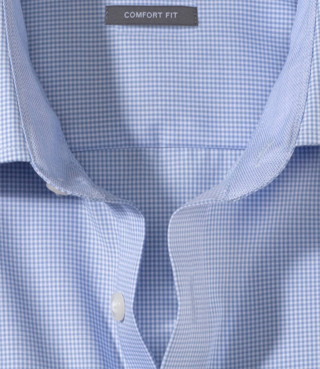 Olymp 3190 12 11 heren overhemd korte mouw lichtblauw-wit ruitje strijkvrij Comfort Fit