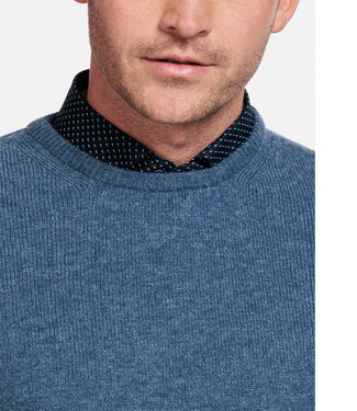 denim blue blauw ronde hals heren trui  Scottish Lamswol