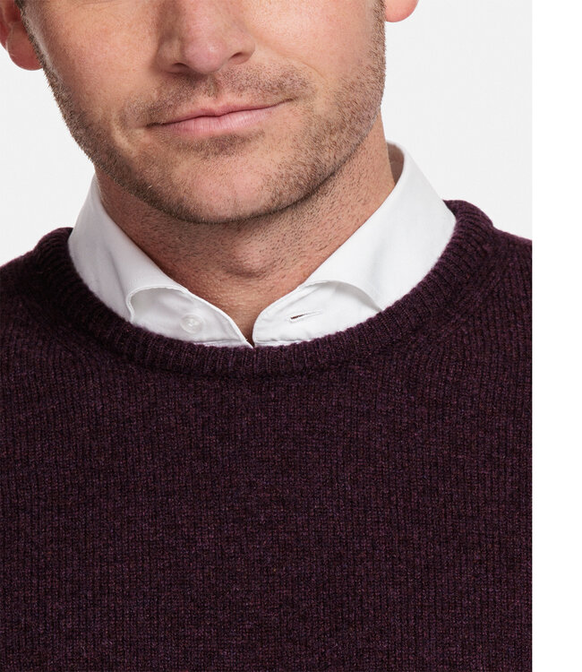 320012-390 aubergine bordeaux rood ronde hals heren trui 100 procent Scottish Lamswol