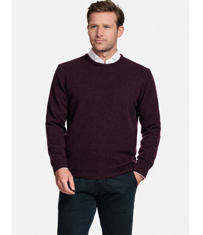 320012-390 aubergine bordeaux rood ronde hals heren trui 100 procent Scottish Lamswol