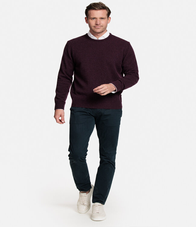 320012-390 aubergine bordeaux rood ronde hals heren trui 100 procent Scottish Lamswol