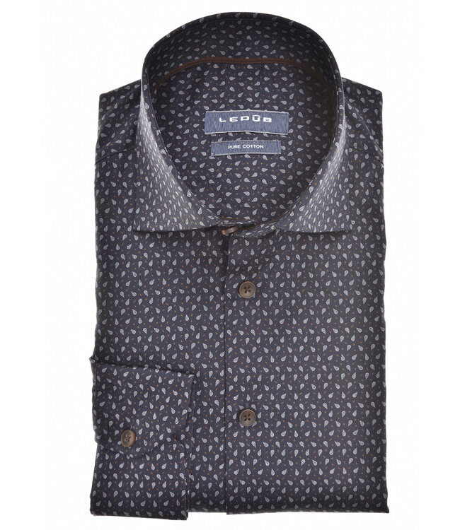 Ledub 0142094-190 overhemd donkerblauw bruin wit grafische print