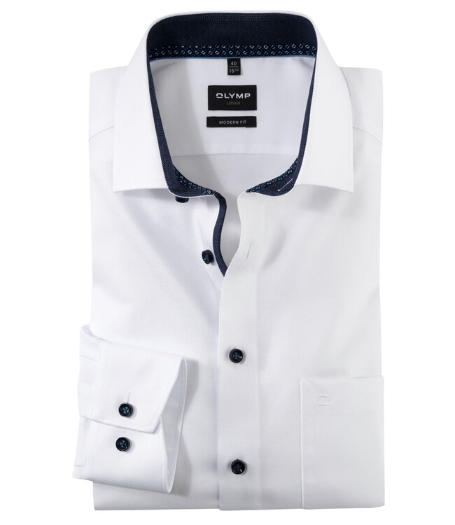 Olymp 1261 24 00 heren strijkvrij overhemd wit structuur met donkerblauwe knopen