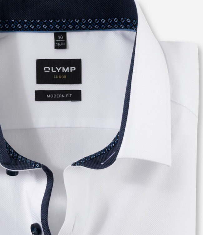 Olymp 1261 24 00 heren strijkvrij overhemd wit structuur met donkerblauwe knopen