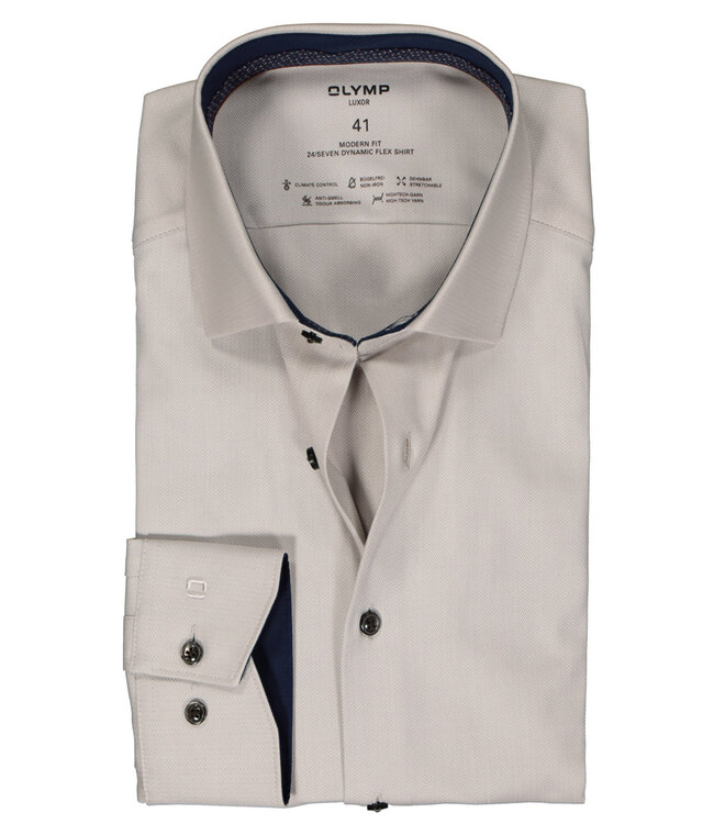 Olymp 1236 44 23 heren overhemd beige visgraat herringbone structuur en bruine knopen