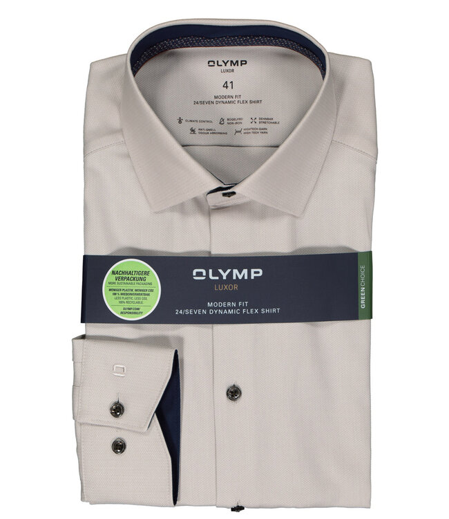 Olymp 1236 44 23 heren overhemd beige visgraat herringbone structuur en bruine knopen