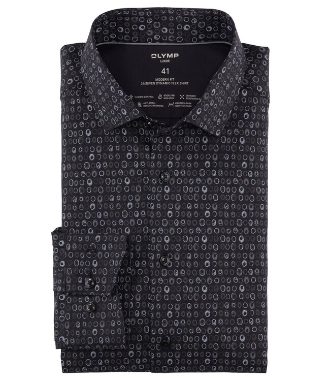 Olymp 1240 44 68 strijkvrij heren overhemd zwart met grijs blauw rondjes print