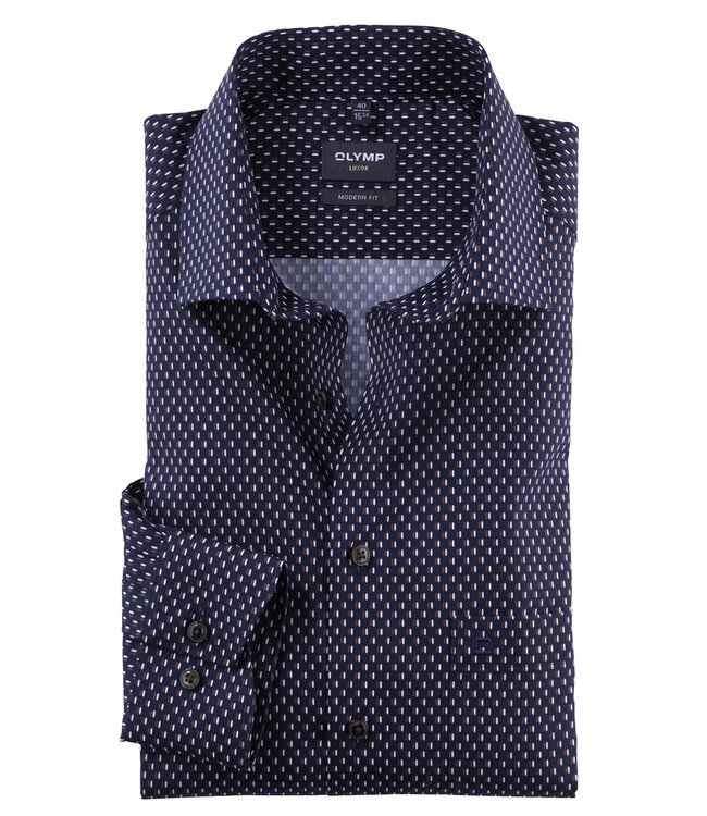 Olymp 1284 44 28 strijkvrij heren overhemd donkerblauw bruin wit print