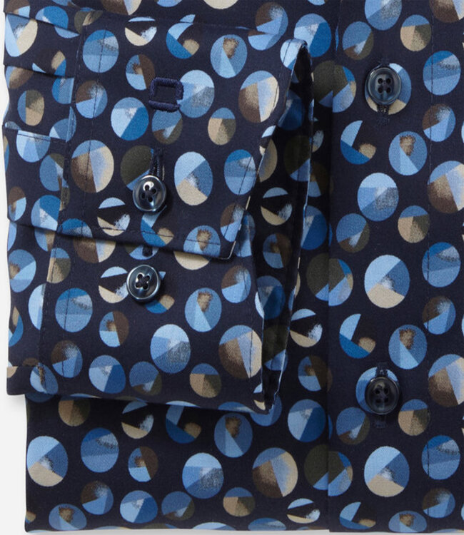 Olymp 1302 44 28 overhemd donkerblauw lichtblauw beige grafische print