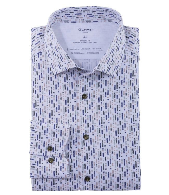 Olymp 1286 44 47 heren strijkvrij overhemd wit bruin groen donkerblauw print