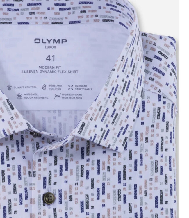 Olymp 1286 44 47 heren strijkvrij overhemd wit bruin groen donkerblauw print