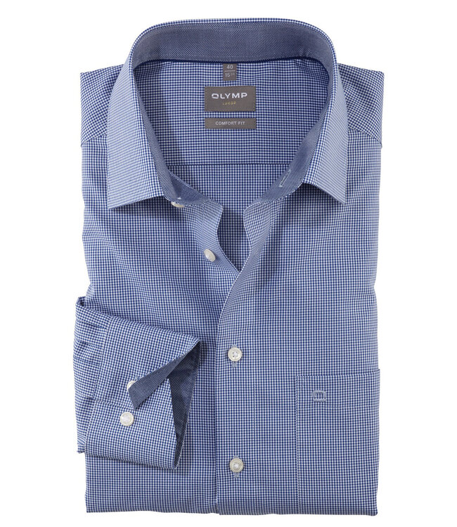 Olymp 3190 64 19 heren overhemd lange mouw donkerblauw-wit ruitje strijkvrij Comfort Fit
