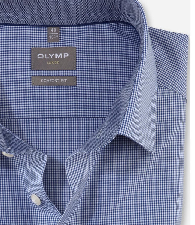 Olymp 3190 64 19 heren overhemd lange mouw donkerblauw-wit ruitje strijkvrij Comfort Fit