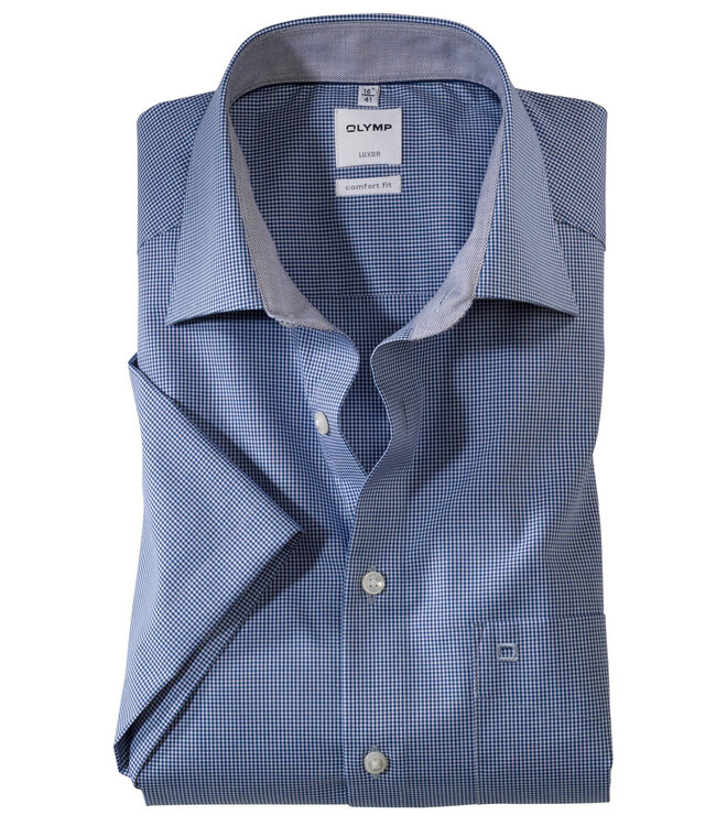 Olymp 3190 12 19 heren overhemd korte mouw donkerblauw-wit ruitje strijkvrij Comfort Fit