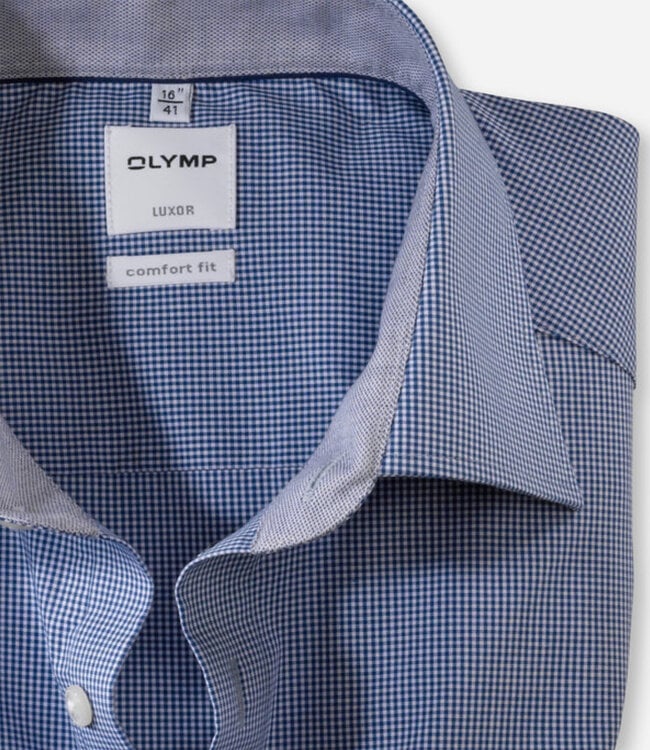 Olymp 3190 12 19 heren overhemd korte mouw donkerblauw-wit ruitje strijkvrij Comfort Fit
