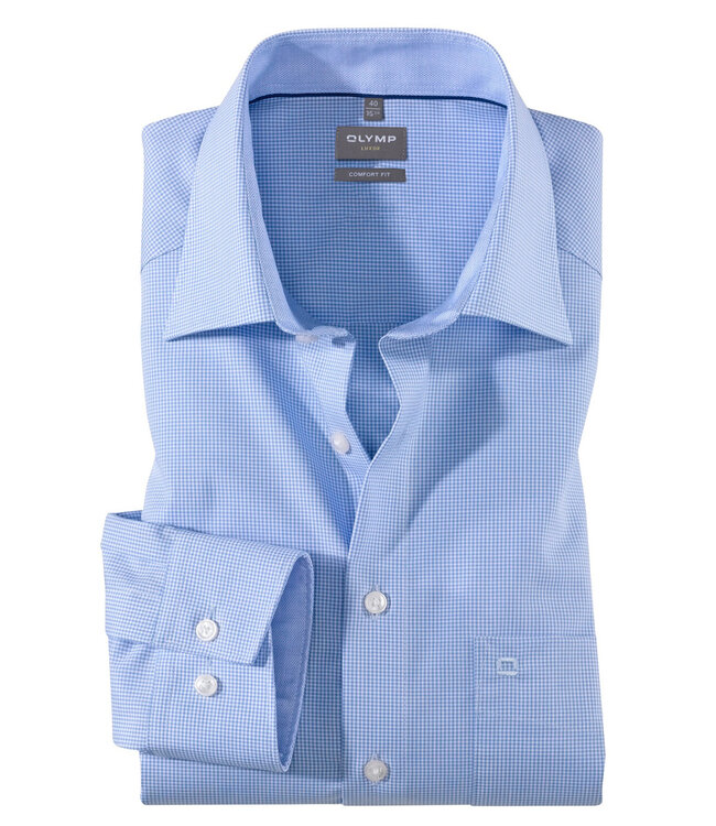 Olymp 3190 64 11 heren overhemd lange mouw lichtblauw-wit ruitje strijkvrij Comfort Fit