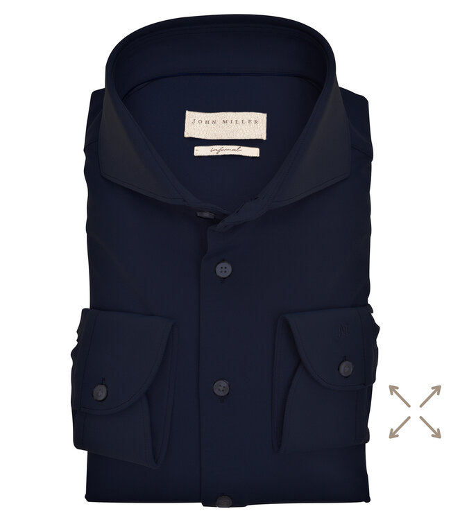 John Miller 5336516 195 donkerblauw structuur heren overhemd hyperstretch tailored fit