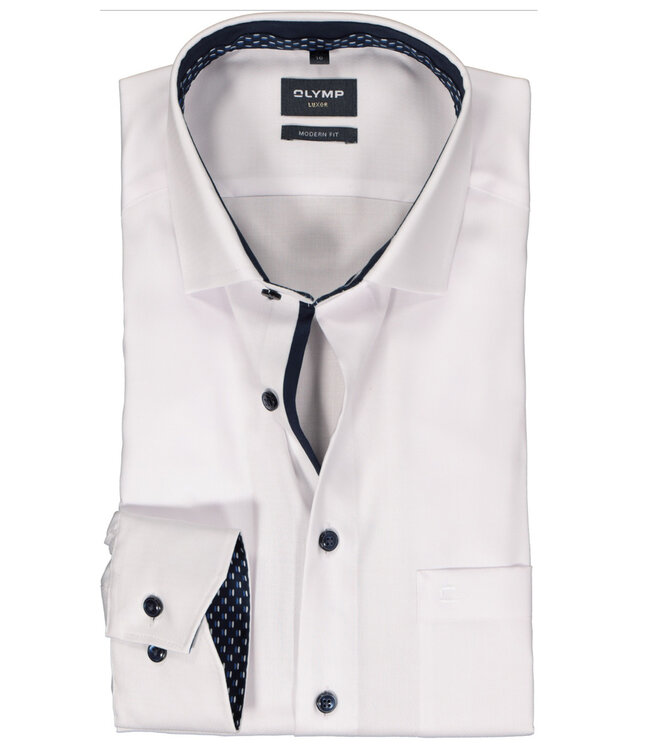 Olymp 1262 49 00 overhemd wit structuur strijkvrij donkerblauwe knopen met borstzak mouwlengte 7