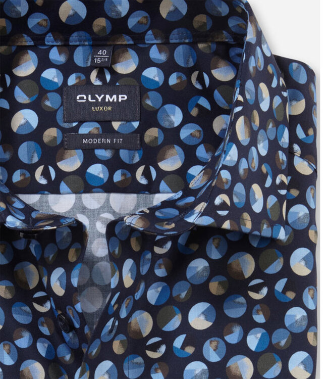 Olymp 1302 49 28 overhemd donkerblauw lichtblauw beige grafische print mouwlengte 7