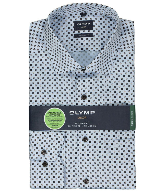 Olymp 1304 49 28 mouwlengte 7 overhemd lichtblauw bruin grafische print mouwlengte 7