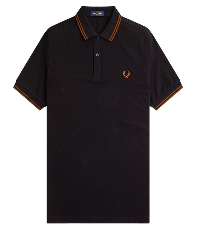 Fred Perry M3600 U35 Twin Tipped polo zwart met whisky bruin Fred Perry logo