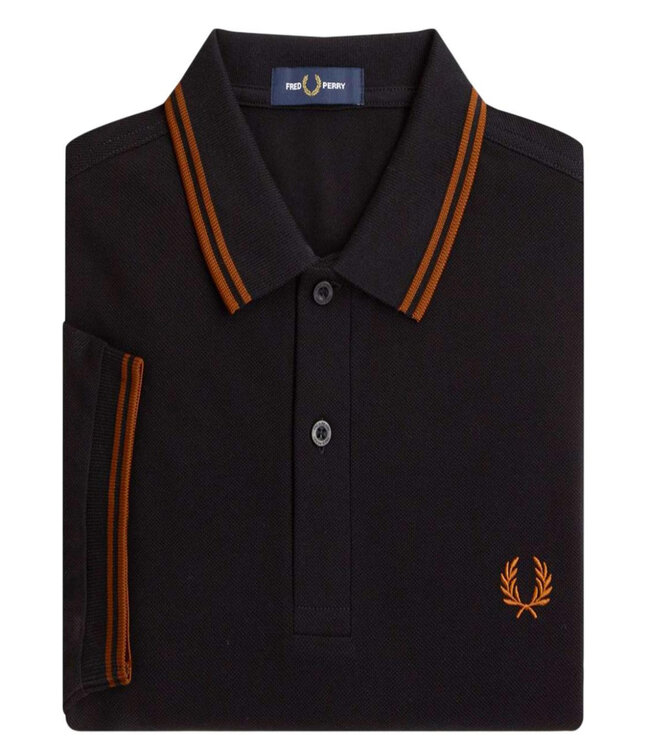 Fred Perry M3600 U35 Twin Tipped polo zwart met whisky bruin Fred Perry logo