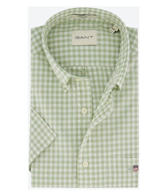 Gant 3000121-345 heren overhemd olijfgroen wit ruitje korte mouw button down met borstzak