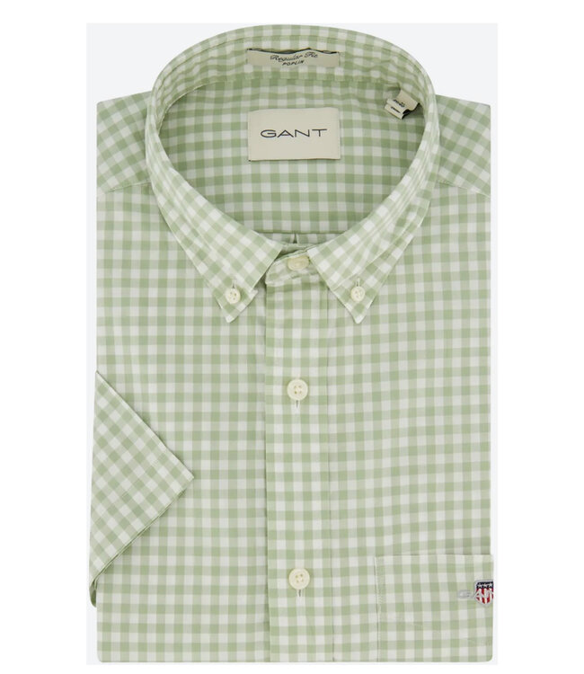 Gant 3000121-345 heren overhemd olijfgroen wit ruitje korte mouw button down met borstzak