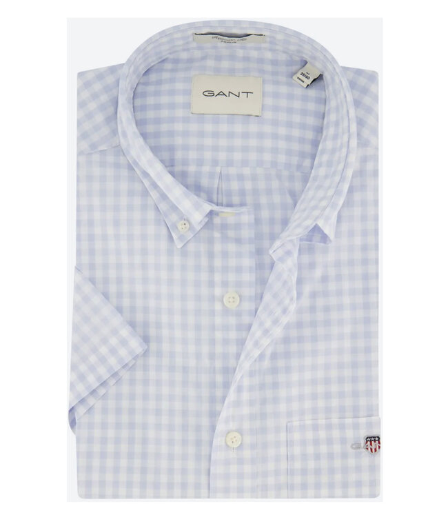 Gant 300121-455 heren overhemd lichtblauw wit ruitje korte mouw button down met borstzak