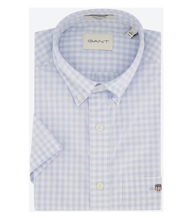Gant 300121-455 heren overhemd lichtblauw wit ruitje korte mouw button down met borstzak