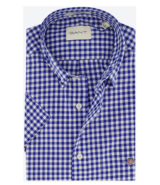 Gant 3000121-436 heren overhemd donkerblauw wit ruitje korte mouw button down met borstzak