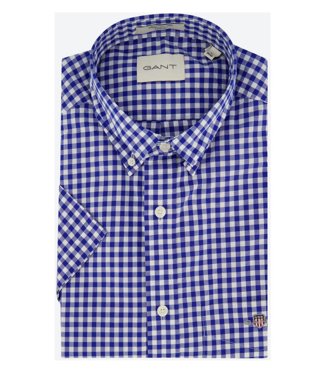 Gant 3000121-436 heren overhemd donkerblauw wit ruitje korte mouw button down met borstzak