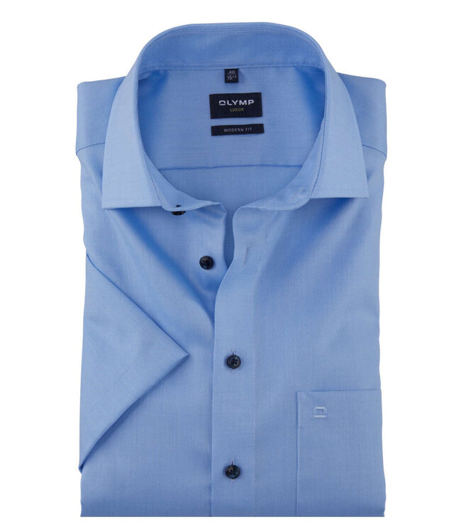 Olymp 0400 12 10 olymp strijkvrij heren overhemd korte mouw lichtblauw structuur modern fit donkerblauwe knopen