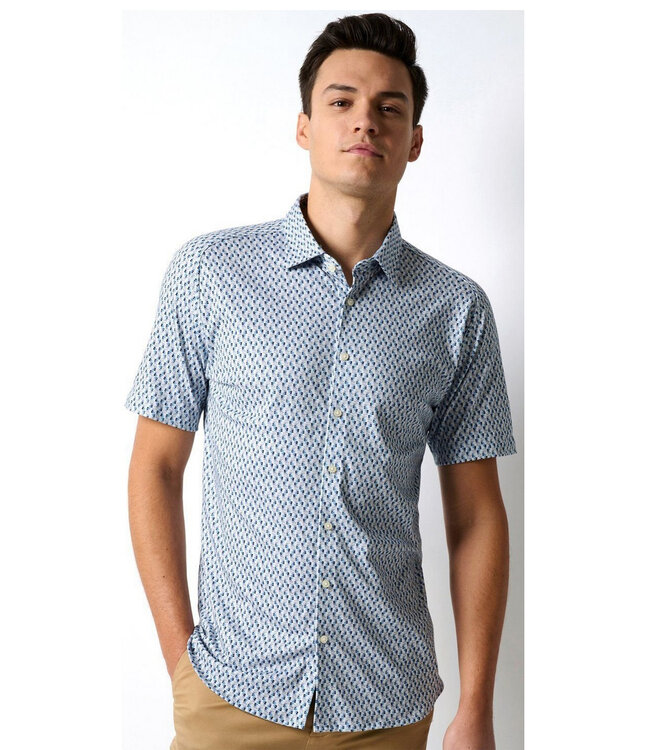 Desoto 71232 169 overhemd korte mouw beige blauw grafische print