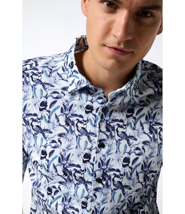 Desoto 71232 164 overhemd korte mouw  wit blauw donkerblauw vogel print